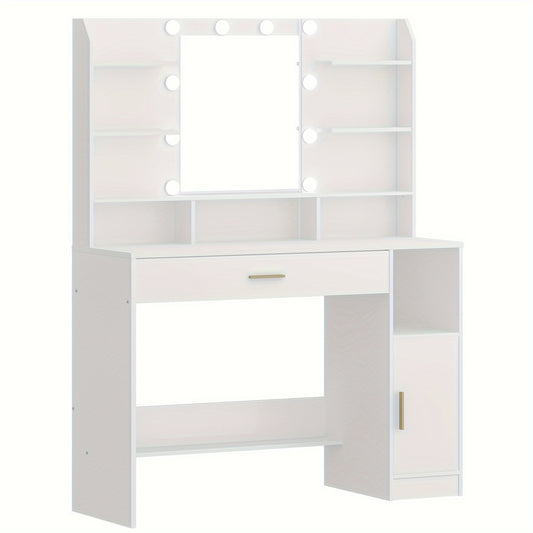 Make-uptafel – Make-uptafel – Schminktisch – Dressoir – Kaptafel – Witte Afwerking – Grote Tafelplaat – Verstelbare Verlichting – Opbergkasten en Lades – Open Planken