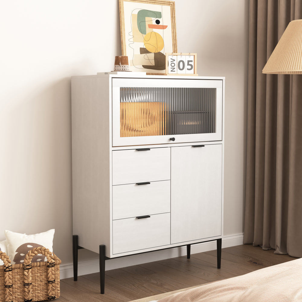 A sideboard featuring three drawers, one door and one glass door, with storage space in the wooden cabinet. Suitable for kitchens, dining rooms and hallways. Dimensions: 85 x 40 x 120 centimetres., Space-Saving Storage Unit,