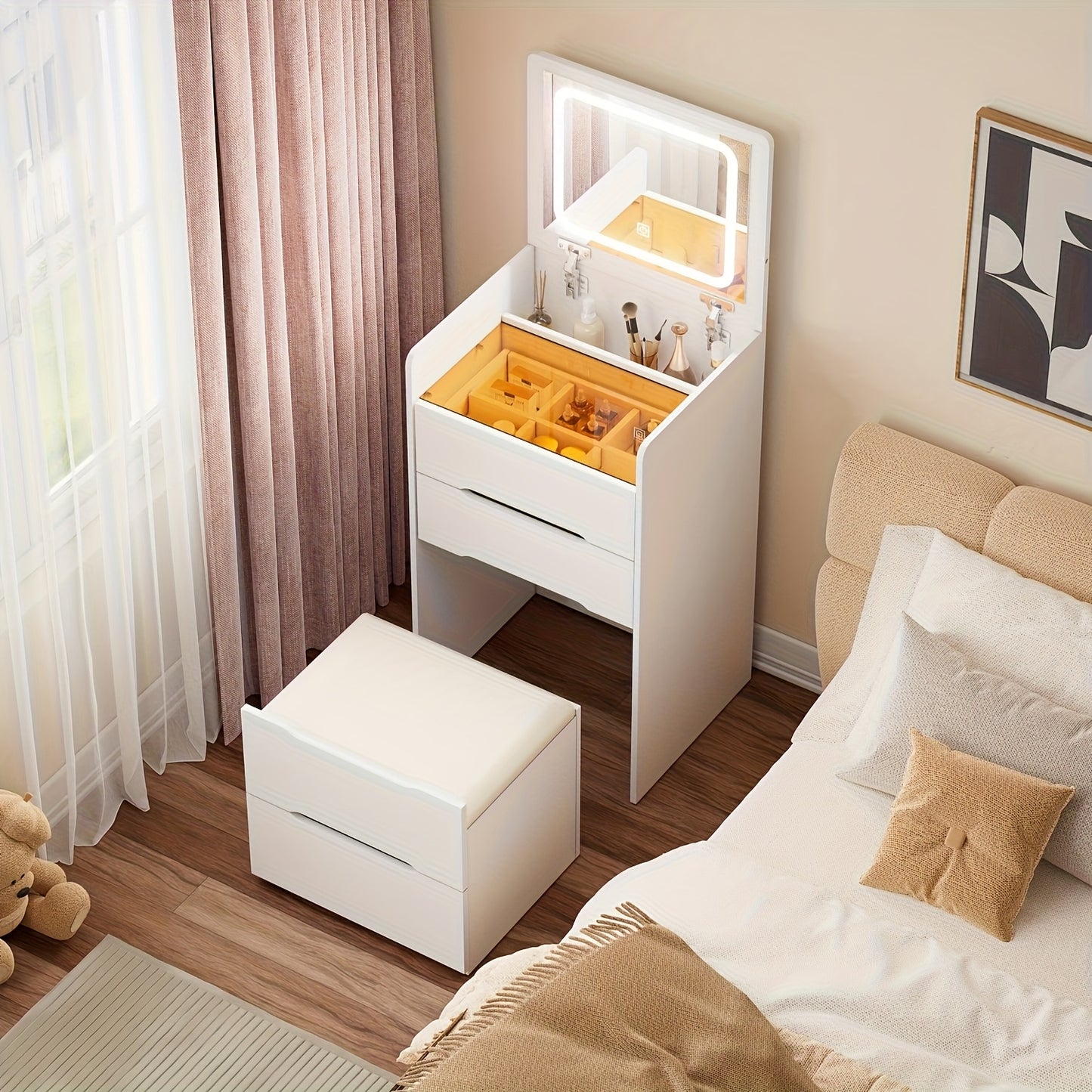 Kaptafel – Make-up Tafel – Dressoir – Slaapkamer Meubel – Toaletttafel – Compact 3-in-1 Design – Glazen Blad & Zachte Kruk