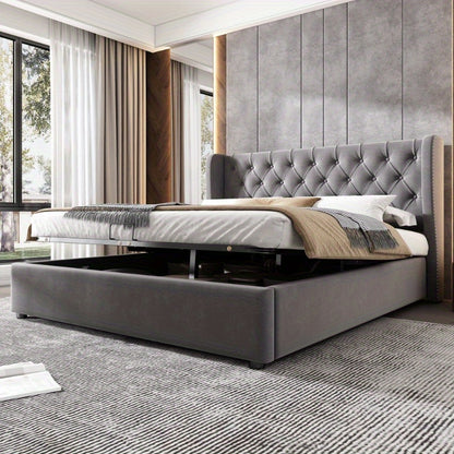 Bedbank – Slaapbank – Bedframe – Opbergbed – Logeerbed – Hydraulisch Opbergbed – Lattenbodem – 140x190 cm – Modern Grijs