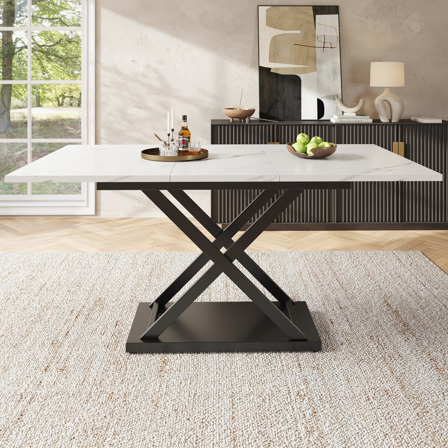 Telescoping Dining Table (120-160×80cm), Extendable Kitchen Table, Space-Saving Design, Black Crossed Iron Legs, Suitable for Kitchen & Living Room, White Marble Walnut Colored