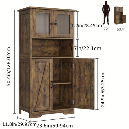 Kast – Opbergkast – Bergkast – Badkamerkast – Kast Met Glazen Deuren – 127 cm Hoog – MDF Materiaal – Verstelbare Planken – Vrijstaand – Anti-Kantel Veiligheid – Modern Bruin Design