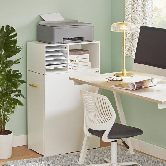 Printerstandaard – Rollende Printerkast – Bureau Organizer – Opbergkast – Mobiele Printertafel – Compact 60x33x100 cm – MDF Wit