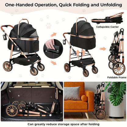 Huisdierenwagen – Dierenwagen – Hondenwagen – Kattenwagen – Draagmand – Champagne Golden + Zwart – 4-in-1 Multifunctioneel – Stevig Carbon Stalen Frame