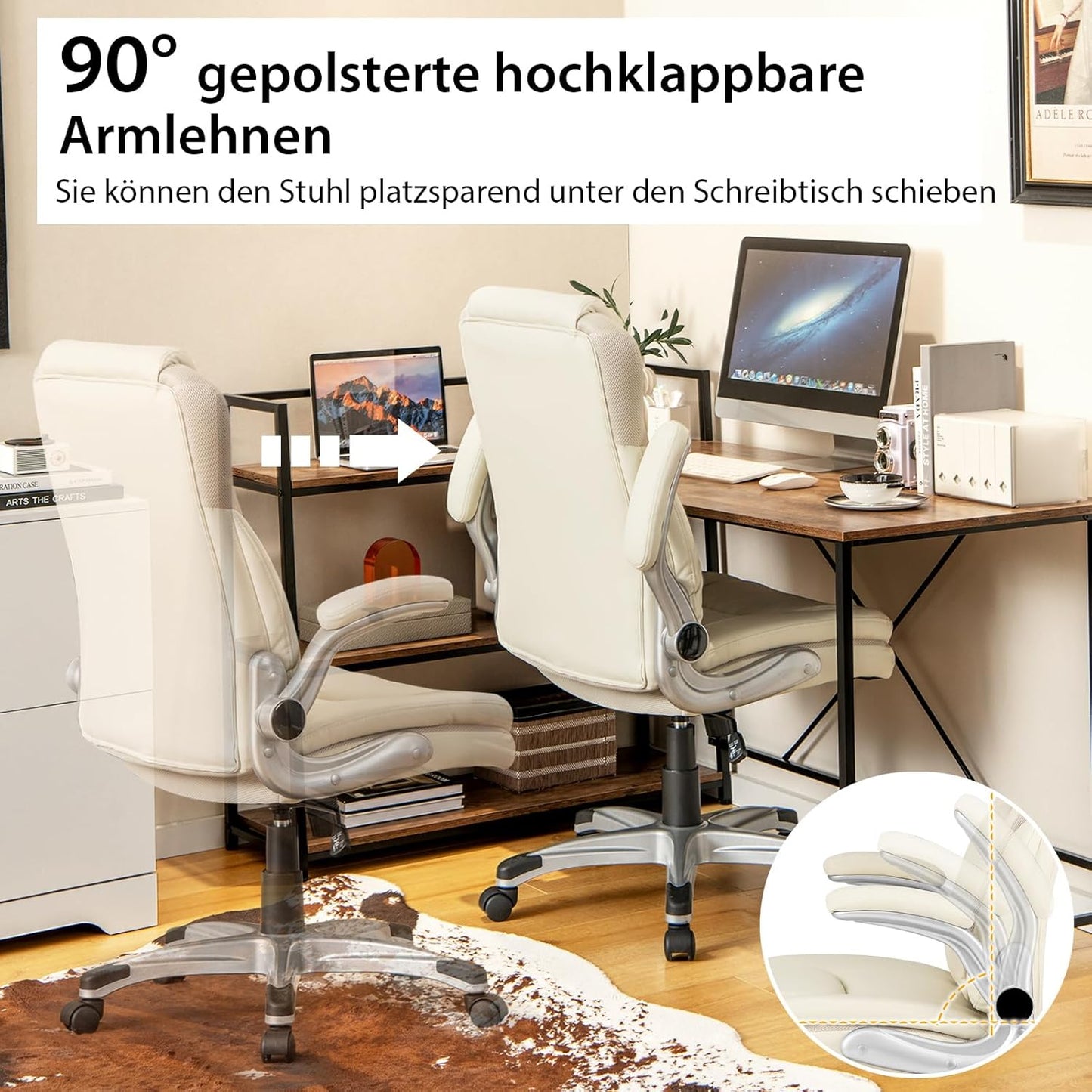 Bureaustoel – Office Chair – Kantoorstoel – Draaistoel – Bureaustoelen – Ergonomisch Design – Verstelbare Zithoogte en Kantelfunctie – Beige Kunstleer