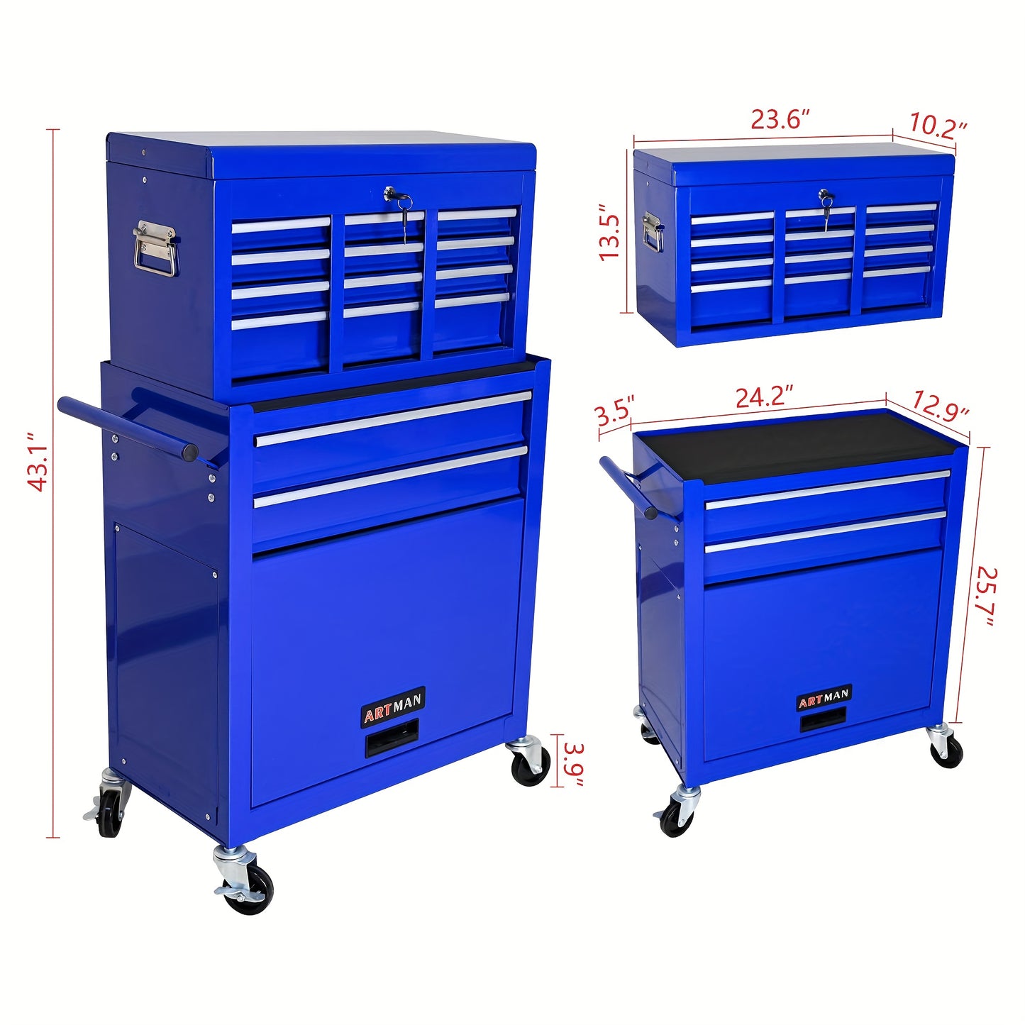 Gereedschapskist – Gereedschapskoffer – Werkplaatswagen – Toolbox – Mobiele Werkplaatswagen – Roestvrij Staal – 8 Laden met Haken