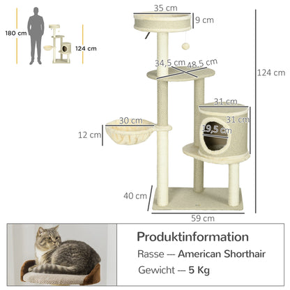 Krabpaal – Kattenkrabmeubel – Kattenboom – Krabton – Kattenhuis – Met Kattenholte en Hangmat – 124 cm Hoog – Natuurlijk Sisaltouw & Pluche Ligplaatsen
