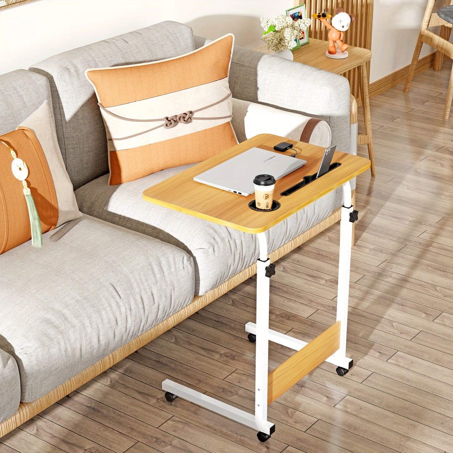 Verstelbaar Klein Bureau op Wieltjes – Computer- en Laptoptafel 60x40 cm – Multifunctioneel Bijzettafeltje voor Bed, Woonkamer of Kantoor, Bruin