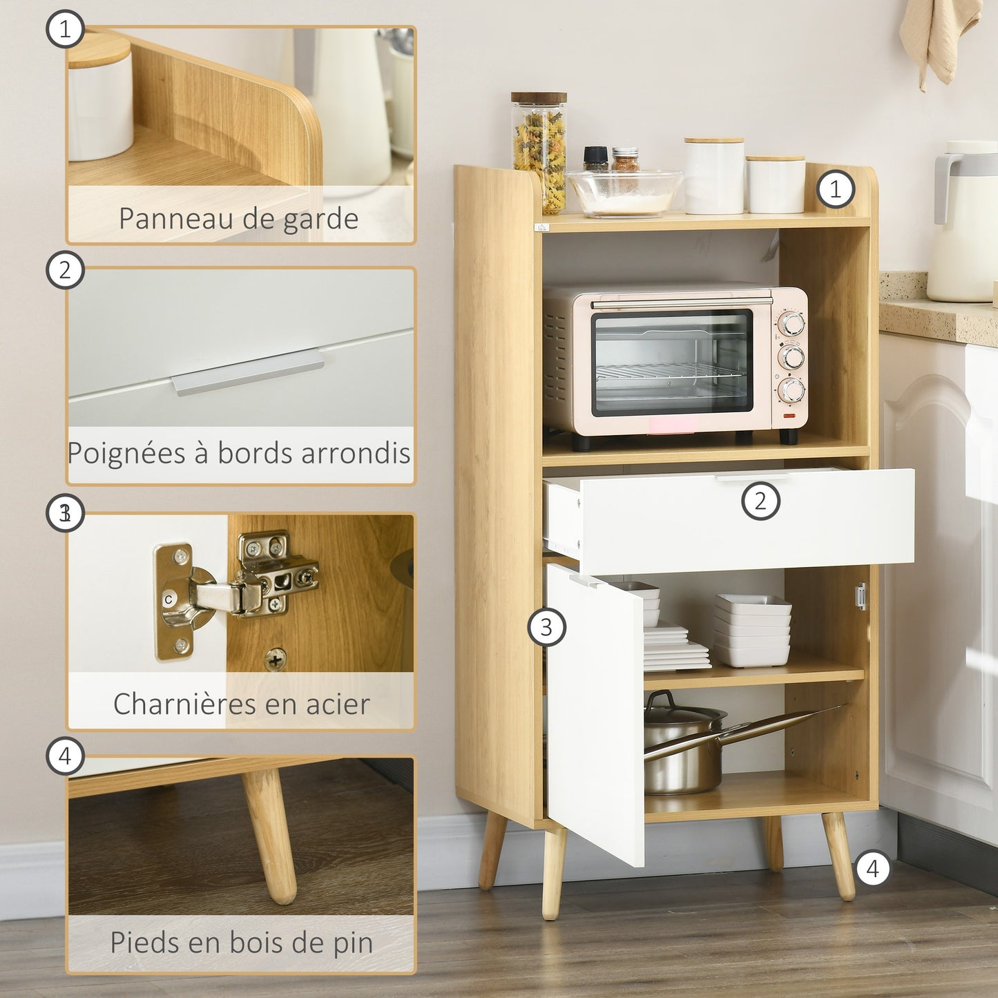 Keukenkastje – Keukenkast – Keukenmeubel – Opbergkast – Magnetronkast – Scandinavisch design – Verstelbare plank – 58 x 40 x 118 cm – Spaanplaat en massief hout