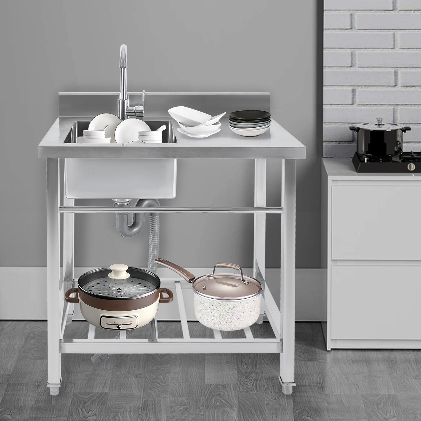 TOOL1SHOOO modern rectangular freestanding kitchen sink set, made of 201 stainless steel, with an internal sink size of 39.88*35.05*20.07 cm, equipped with a 360° rotating faucet, suitable for kitchens, dining rooms, bars, l