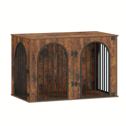 Hondenbench – Hondenkooi – Hondenkast – Hondenhok – Huisdierenbench – Retro Bruin – 3-Deurs Boogvormige Deur – Stevig Houten Meubel – 108 x 64 x 76 cm