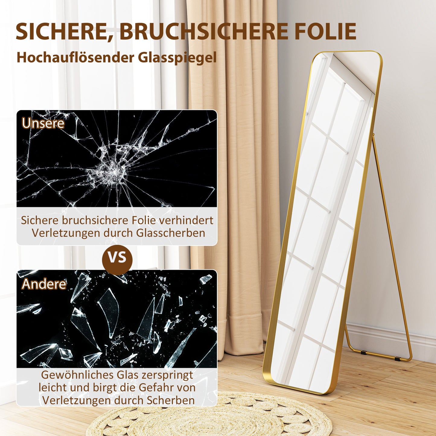 Vloerspiegel – Staande Spiegel – Grote Spiegel – Kantelbare Spiegel – Volledige Lengte Spiegel – Vrijstaand – Metalen Frame – 160x40 cm – Goudkleurige Afwerking