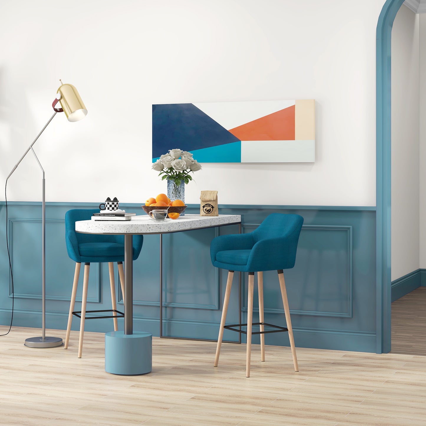 Barstoel – Barkruk – Barstoelen – Keukenstoel – Barkrukken set van 2 – Scandinavisch Design – Houten Poot – Blauw Linnen – Met Voetsteun en Armleuning – Anti-Slip Pads – Robuust Metalen Frame