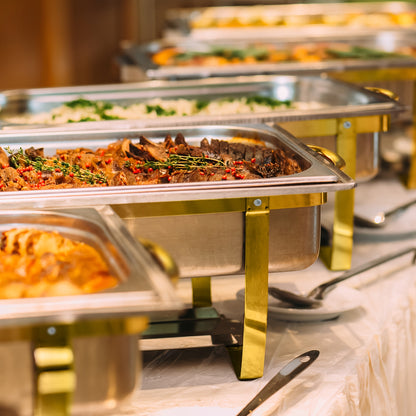 Chafing Dish – Buffetwarmer – Warmhoudplaat – Warmhoudschaal – Warmhoudbak – 6-delig – Goudkleurig Roestvrij Staal – Rechthoekig