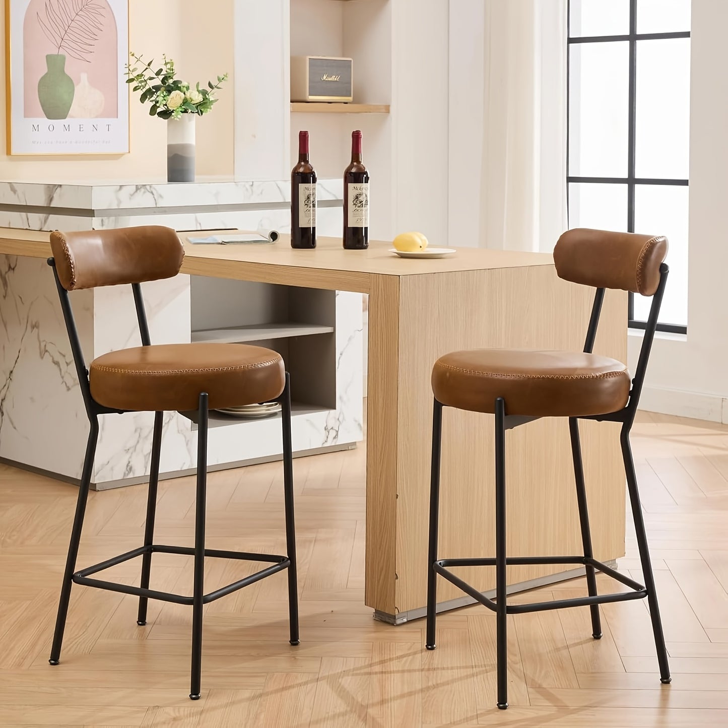 Set of 2 Mid-Century Modern Bar Stools | With Backrest and Footrest, 66cm Seat Height, Metal Frame and Faux Leather, Vintage Style for Kitchen, Bar, Dining Room, Home Bar, Cafe Bridge