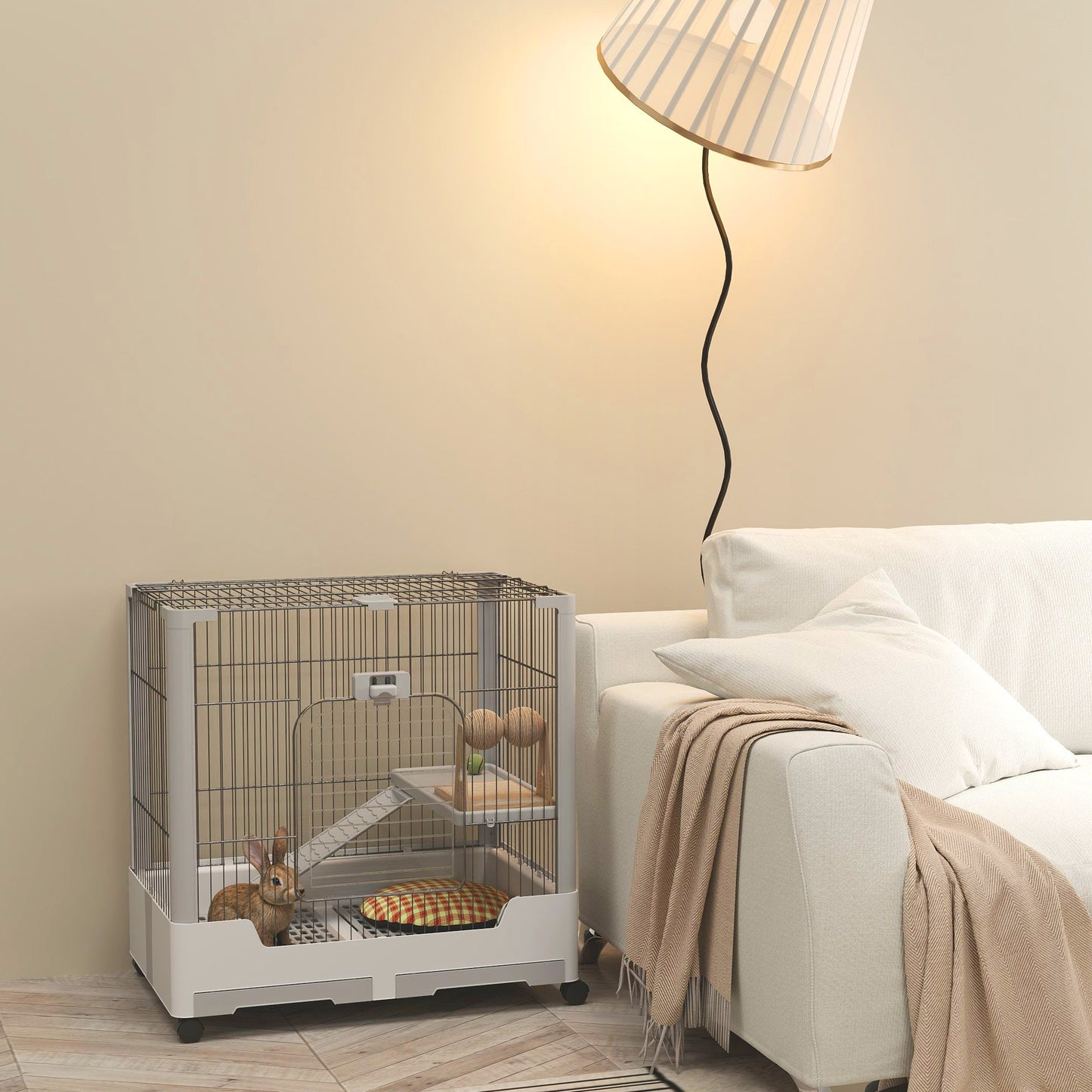 3-Tier Mobile Rabbit Hutch with Removable Ramp & Wheels - Durable Metal & Plastic Pet Cage for Rabbits, Guinea Pigs, Puppies - Spacious Multi-Level Design with Ventilated Mesh, Easy Assembly, White/Grey (73x50x68cm), Rabbit H