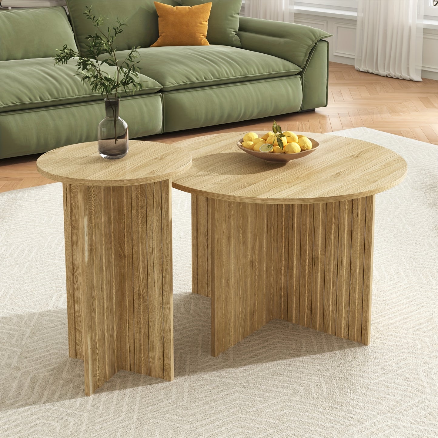Modern Two-Piece Nesting Coffee Table Set with Round Nesting Tables - Space-Saving Bamboo Furniture, Khaki Contemporary Design, No Assembly Required, Portable & Versatile for Living Room, Bedroom, Office - Durable Bamboo Mate