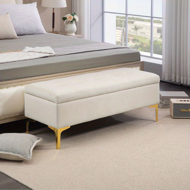 Opbergbankje – Zitbank – Opbergkist – Halbank – Poef – Beige Gestoffeerd – Met Opbergruimte – 120x44x44,5 cm – Met Goudkleurige Metalen Poten
