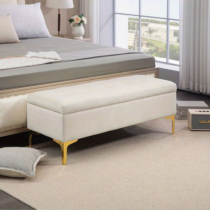 Opbergbankje – Zitbank – Opbergkist – Halbank – Poef – Beige Gestoffeerd – Met Opbergruimte – 120x44x44,5 cm – Met Goudkleurige Metalen Poten
