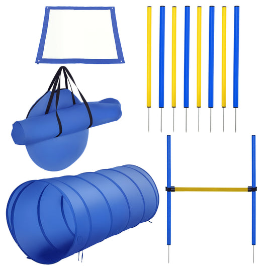 Agility Set Hond – Behendigheidstraining – Hindernissen – Slalomstok – Tunnel – Blauw-Geel – Verstelbare Spronghoogte – Lichtgewicht PE en Polyester