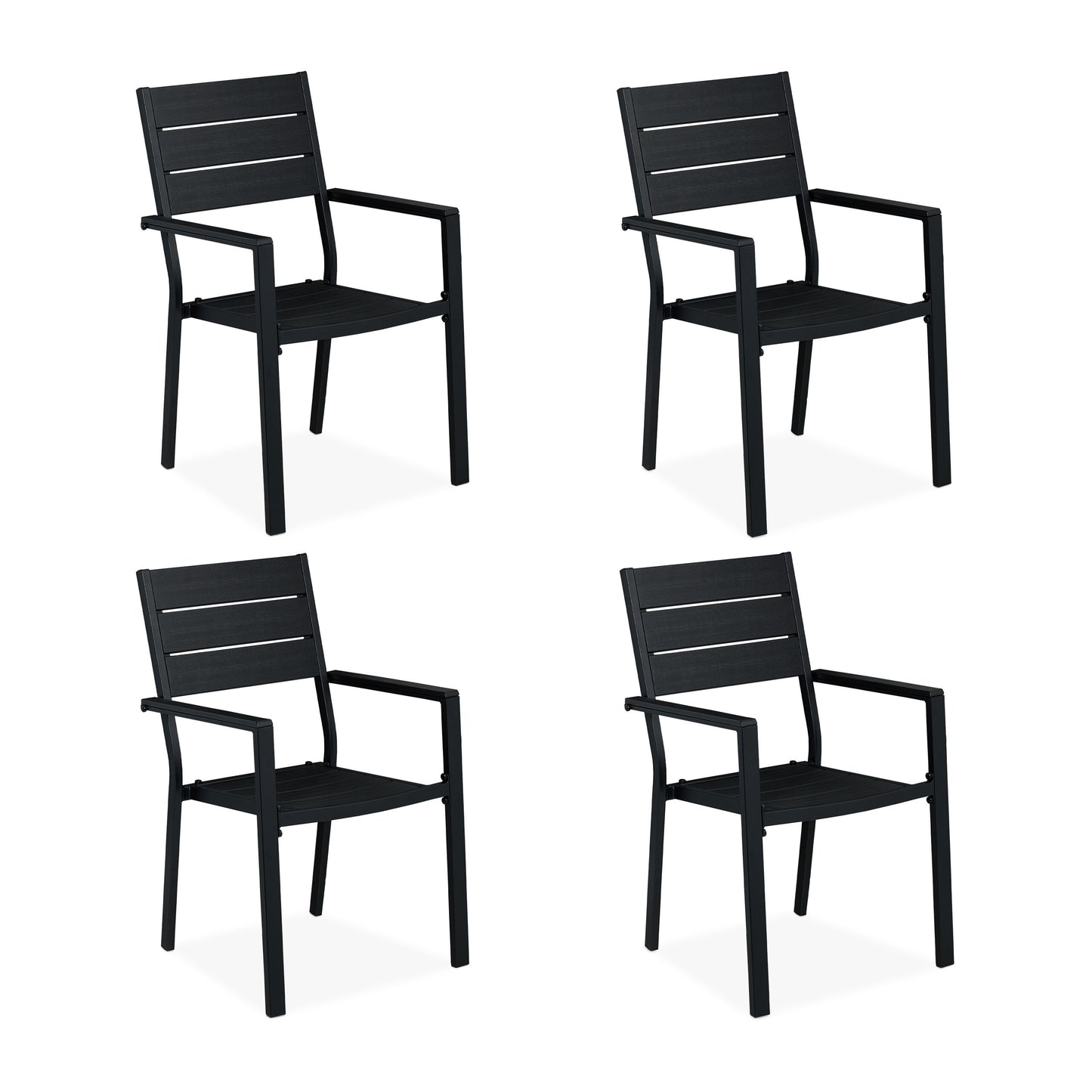 Tuinstoelen – Buitensstoel – Balkonstoel – Terrasstoel – Tuinmeubelstoel – Set Van 4 – Zwart Met Houtlook – Weerbestendig Staal En HDPE