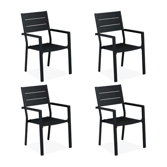 Tuinstoelen – Buitensstoel – Balkonstoel – Terrasstoel – Tuinmeubelstoel – Set Van 4 – Zwart Met Houtlook – Weerbestendig Staal En HDPE