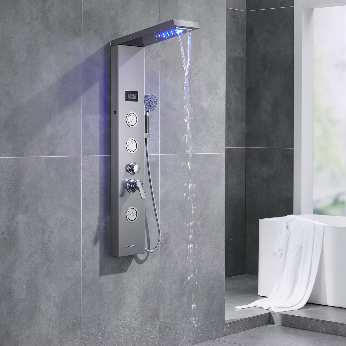 Douche Systeem – Regendouche – Handdouche – Bodyjets – Watervaluitloop – Grijs – Thermostatische Mengkraan – Roestvrij Staal