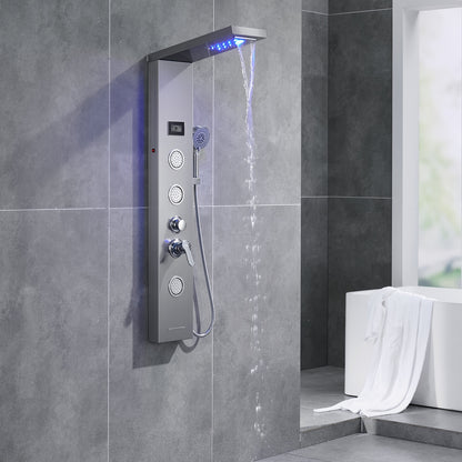 Douche Systeem – Regendouche – Handdouche – Bodyjets – Watervaluitloop – Grijs – Thermostatische Mengkraan – Roestvrij Staal