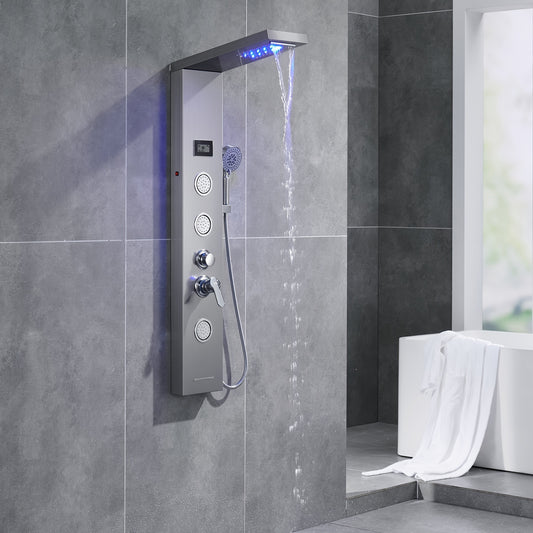 Douche Systeem – Regendouche – Handdouche – Bodyjets – Watervaluitloop – Grijs – Thermostatische Mengkraan – Roestvrij Staal