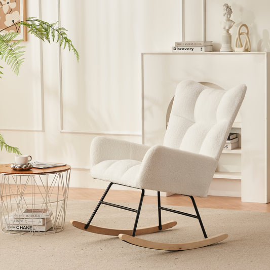 Witte Schommelstoel – Schommelstoel Loungestoel Relaxstoel Tuinstoel Stoel – Met Metalen Frame – Cross-Back Ontwerp – Comfortabele Katoenen Bekleding – Hoogwaardige Stevigheid