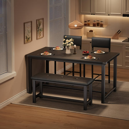 Eettafelset – Eetkamerset – Keukentafelset – Zitgroep – Meubelset – Rechthoekig – Zwart Hout – Inclusief 2 Gestoffeerde Stoelen en Bank – Compact Voor 4 Personen