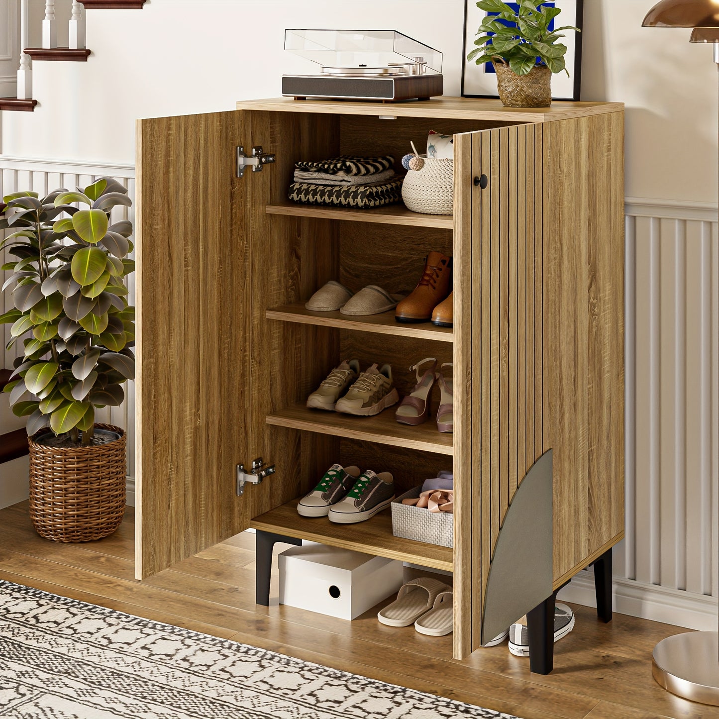 Schoenenkast – Schoenenrek – Schoenenopberger – Schoenenbankje – Kast – Verticale Opberger – Metaal En Bamboe-achtig – Ruimtebesparend Met Deuren