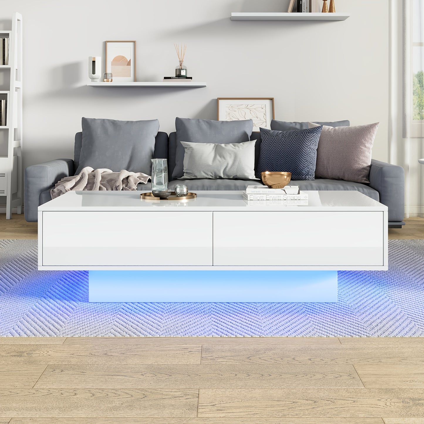 Salontafel – Woonkamertafel – Koffietafel – Bijzettafel – Tafeltje – Hoogglans Wit – 115x55x34 cm – 2 Lade Opbergruimte – Draagvermogen 30 kg