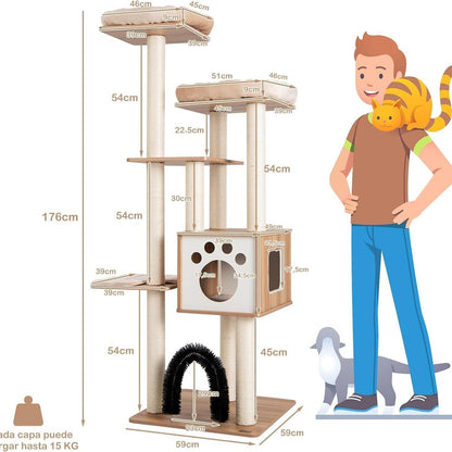 Krabpaal – Krabmeubel – Kattenmeubel – Klimpaal – Kattenklimrek – Houten Krabpaal Beige – 6 Niveaus Met Sisal – Uitneembare Wasbare Kussens