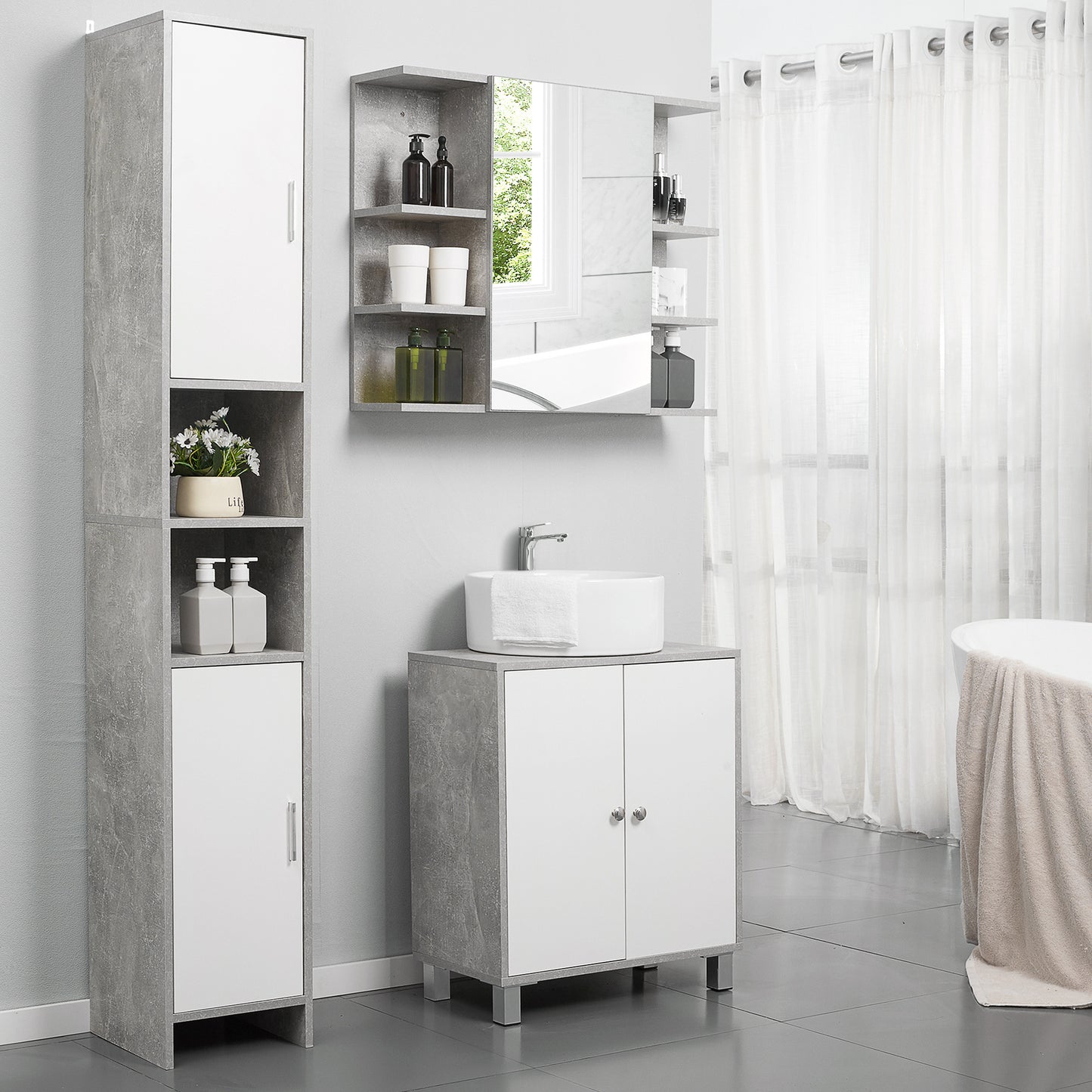 Kolomkast Badkamer – Badkamerkast – Opbergkast – Kolomopberger – Vloerkast – Cementlook Wit – Ruimtebesparend Compact – 2 Deuren Met Verstelbare Planken