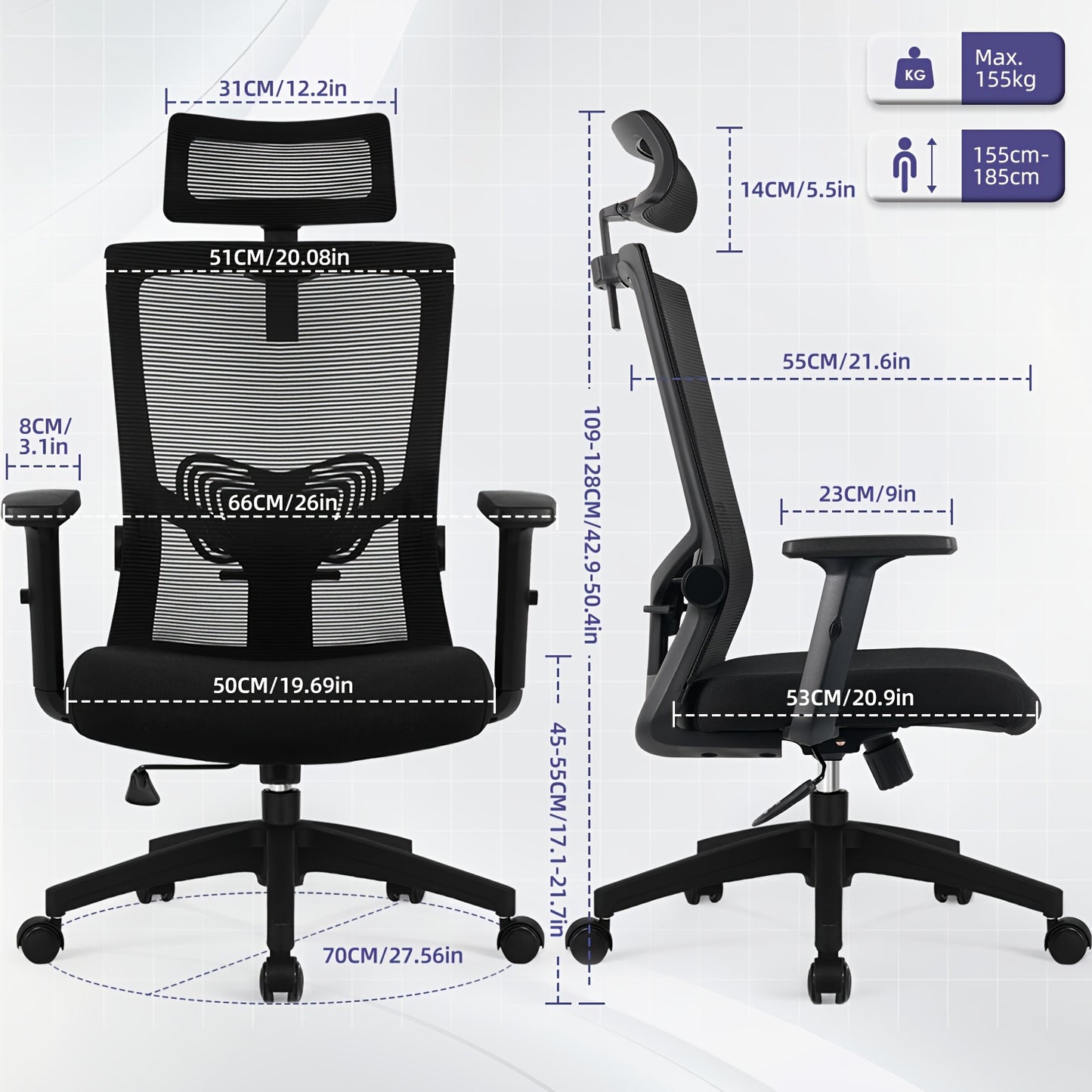 Office Chair Ergonomic Chair with Pressure Relief, Breathable Desk Chair, Executive Chair with 90-135° Rocking Function, Softly Padded, Loadable up to 150kg for Home Office