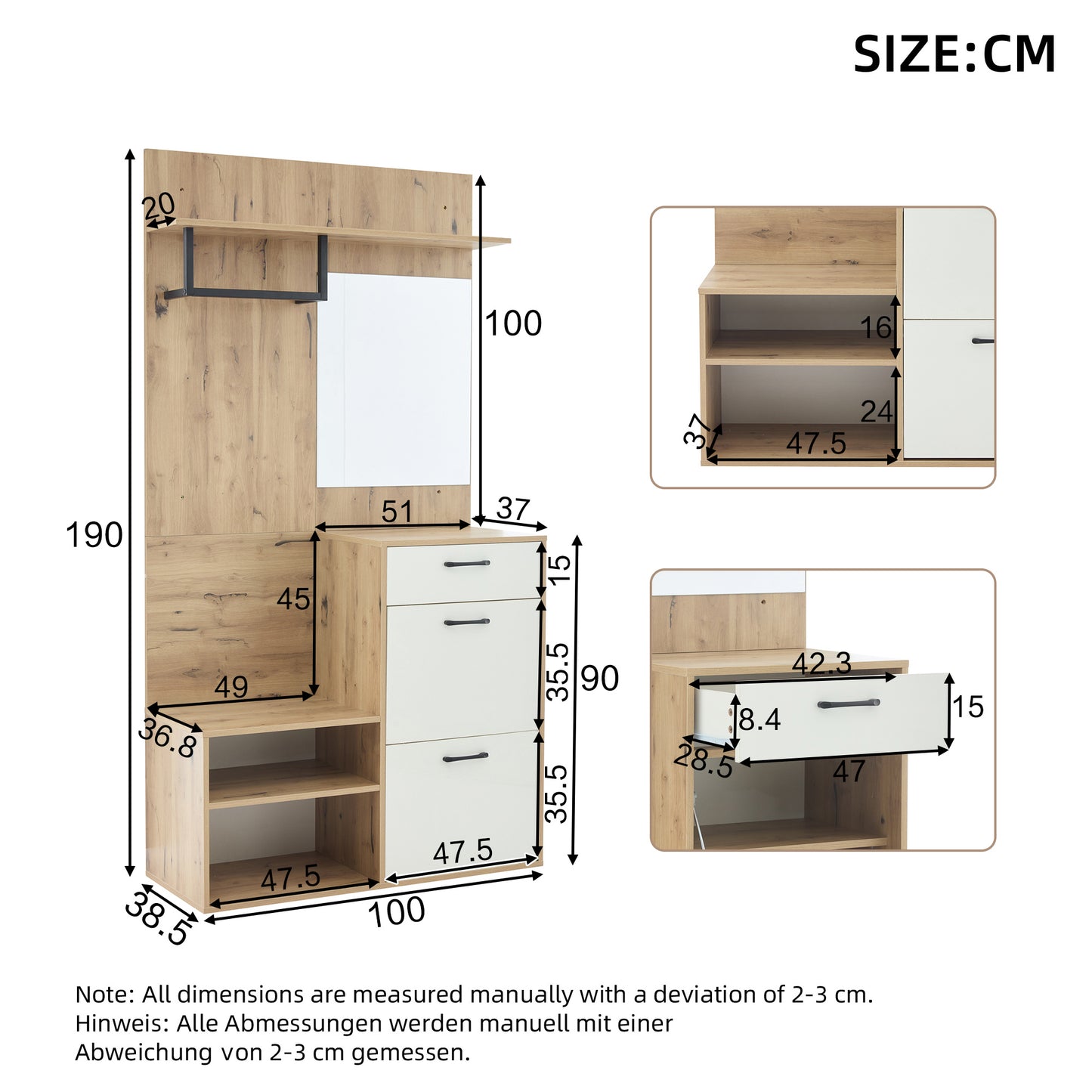 Halmeubel – Kapstok – Schoenenkast – Zitbank – Spiegel – Wit Met Houtlook – Compact Ontwerp 100x38,5x190 cm – Multifunctioneel Met Lade En Opslagruimte