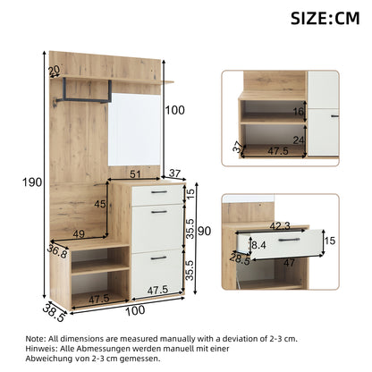 Halmeubel – Kapstok – Schoenenkast – Zitbank – Spiegel – Wit Met Houtlook – Compact Ontwerp 100x38,5x190 cm – Multifunctioneel Met Lade En Opslagruimte
