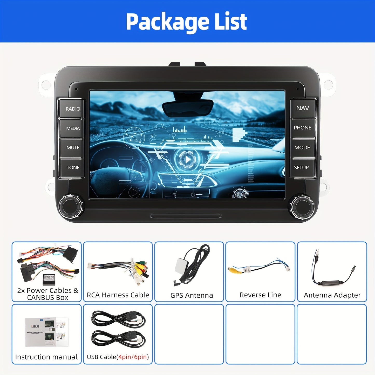 ESSGOO 4+64G Android 14 Car Stereo Compatible with VW Models Such As Caddy, Golf MK5, Golf 6, Polo, Passat, And Seat, Featuring RCD330 with Carplay And Android Auto, a 7-Inch 17.78Cm HD-IPS Touchscreen, WIFI, GPS Navigation,