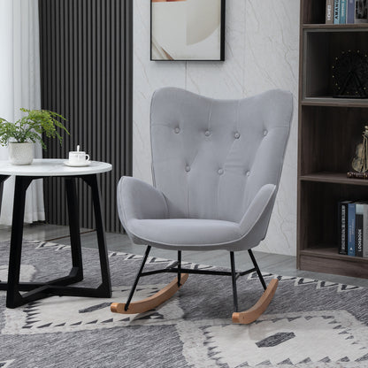 Schommelstoel – Relaxstoel – Rocking Chair – Schommelstoel Velvet – Stoel Lichtgrijs – Velvetlook Quilting – Houten Sledes – Draaggewicht 150 kg