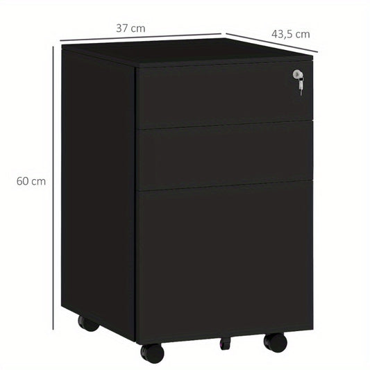 Rolcontainer – Ladeblok – Mobiele Opberger – Kantoorwagentje – Rollende Opbergruimte – Stalen Frame – 3 Laden Met Slot – Zwart 37x43,5x60 cm