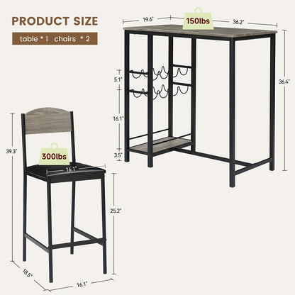 3-delige Barset – Bartafel Set – Barkrukken – Barmeubel – Keukentafel – Grijs – Massief Hout – Met Opbergruimte En Wijnrek