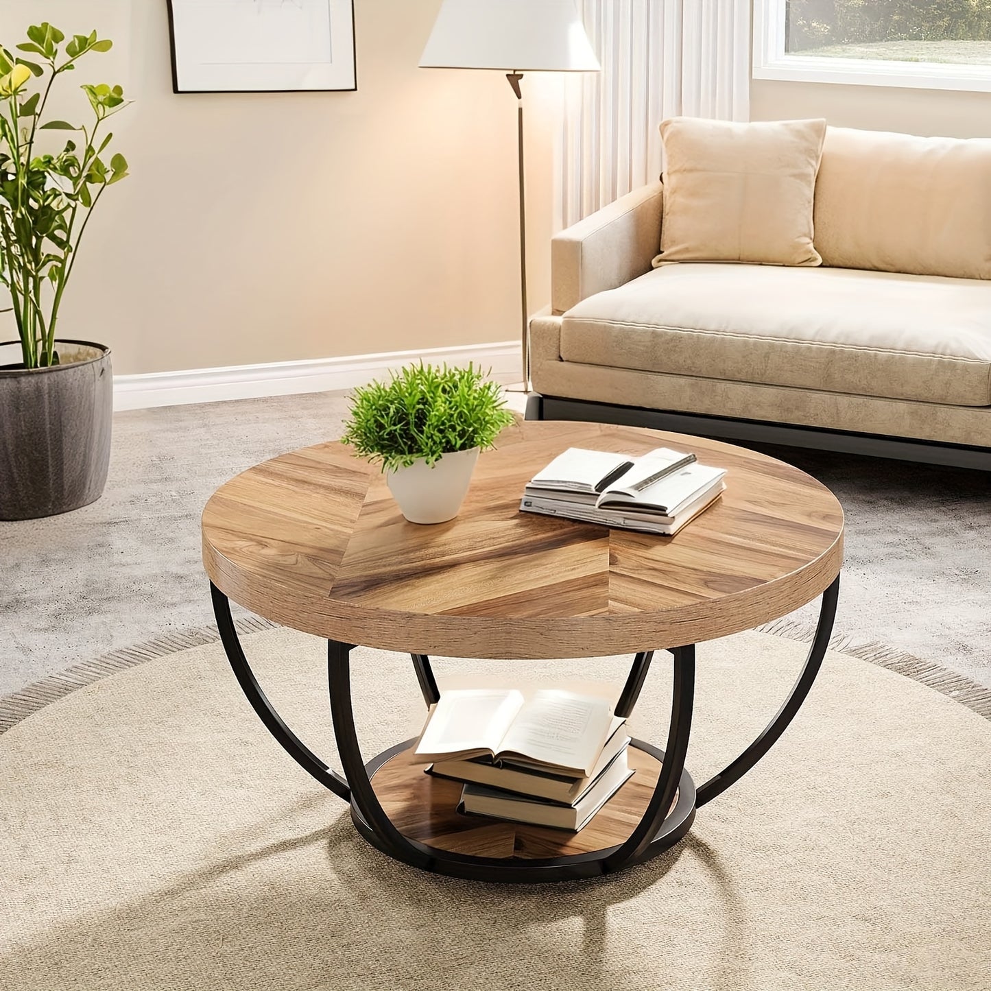 Ronde Salontafel – Koffietafel – Bijzettafel – Tafel – Woonkamertafel – Houtnerf Uitvoering – 2 Ladeplateaus – Ruim Opbergvlak – Metalen Frame – 80,5 cm Diameter – Eenvoudige Montage