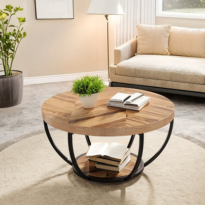 Ronde Salontafel – Koffietafel – Bijzettafel – Tafel – Woonkamertafel – Houtnerf Uitvoering – 2 Ladeplateaus – Ruim Opbergvlak – Metalen Frame – 80,5 cm Diameter – Eenvoudige Montage