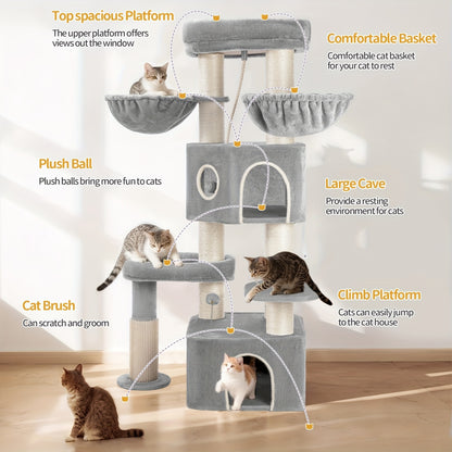 Kattenkrabpaal – Krabton – Kattenhuis – Kattenmeubel – Kattenboom – 163 cm Hoog – Geschikt Voor Grote En Meerdere Katten – Lichtgrijs Beige
