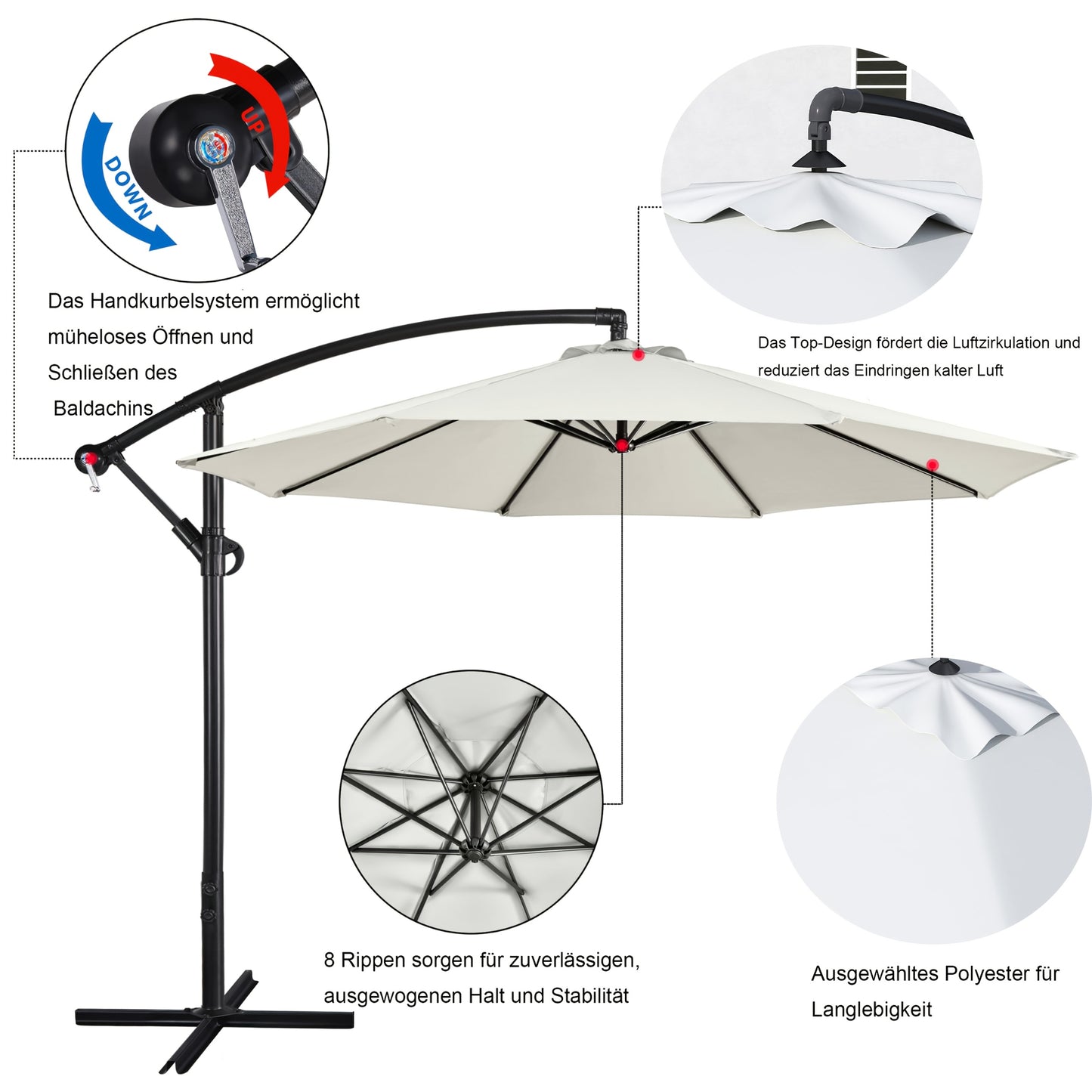 Cantilever Parasol Parasol Crank Garden Umbrella, With 8 Steel Robust And Stable For The Garden Outdoor Hanging