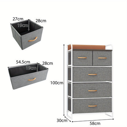 Wascommode – Opbergkast – Ladenkast – Commode – Kast Met Lades – 5 Ruime Stoffen Lades – Robuuste MDF Bovenplaat – Verstelbare Pootjes