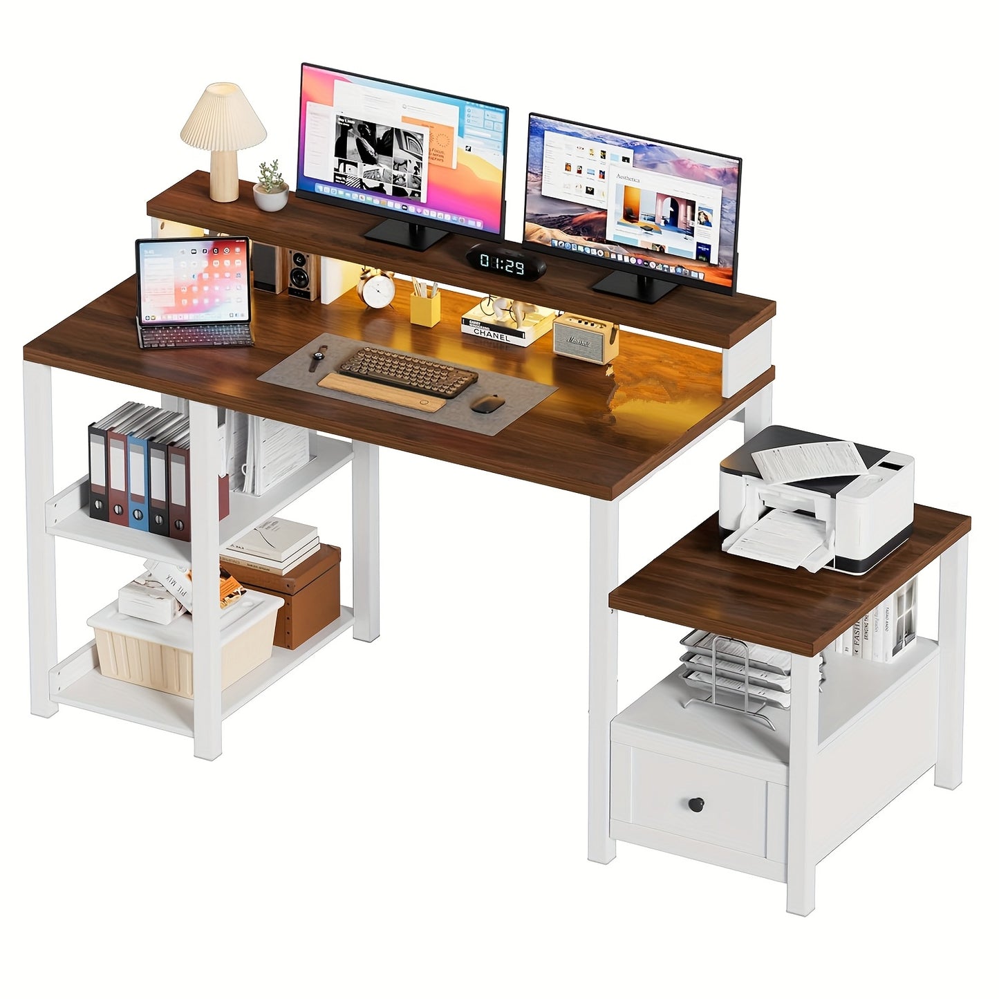 Computerbureau – Bureau – Werkplek – Schrijftafel – Study Table – Eikenhout Bruin – Ergonomische Monitorstandaard – Ruime Lades en Printerruimte