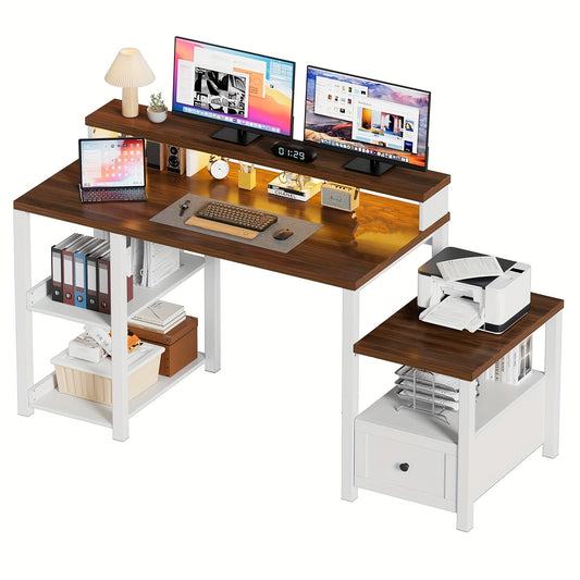 Computerbureau – Bureau – Werkplek – Schrijftafel – Study Table – Eikenhout Bruin – Ergonomische Monitorstandaard – Ruime Lades en Printerruimte