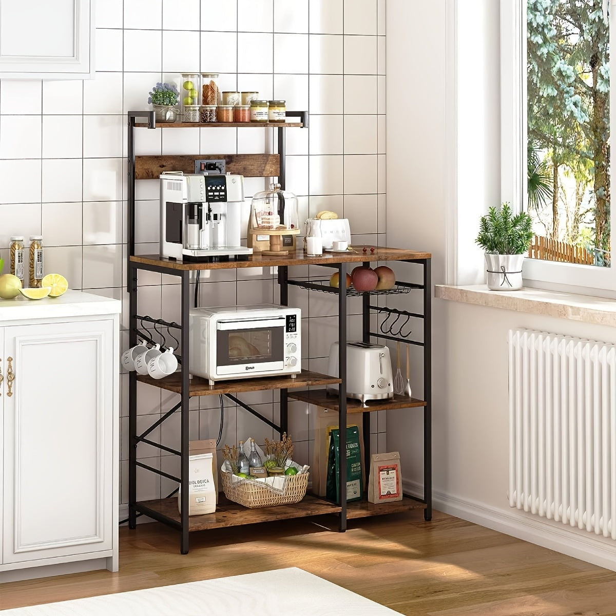 Bakkerrek – Opbergrek – Keukenrek – Stelling – Wandrek – 6-laags Metaal – Vrijstaand – Met Haakjes – Gepoedercoat – Robuust Design